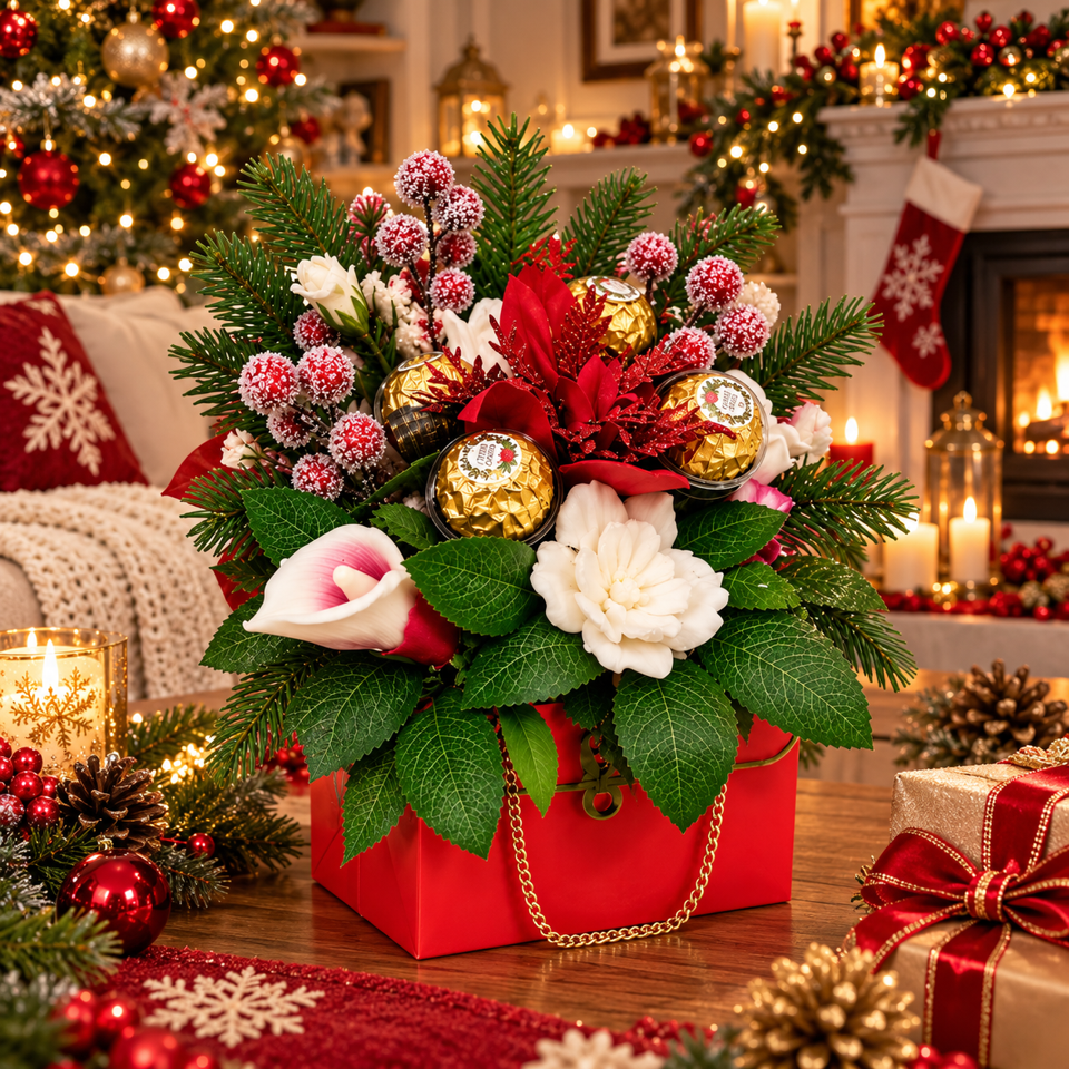 By Aromique Natali – Soap, Candles and Gifts A Touch of Christmas Magic! ✨ Surprise someone special with this beautiful handmade Christmas Gift Bouquet, a luxurious combination of elegance, festive charm and sweet indulgence. This stunning arrangement features delicate handcrafted soap flowers, delicious Ferrero Rocher chocolates, festive red berries and lush Christmas greenery, all beautifully presented in an elegant red gift box with gold chain detailing. Each bouquet is carefully arranged to create a unique and unforgettable Christmas gift. Product Details: 🌹 Handmade decorative soap flowers 🍫 Ferrero Rocher chocolates 🌲 Festive Christmas greenery and red berries 🎁 Elegant red gift box with gold detailing 📏 Height: 25 cm 📏 Length: 18 cm 📏 Width: 10 cm ❤️ Beautifully presented and ready for gifting